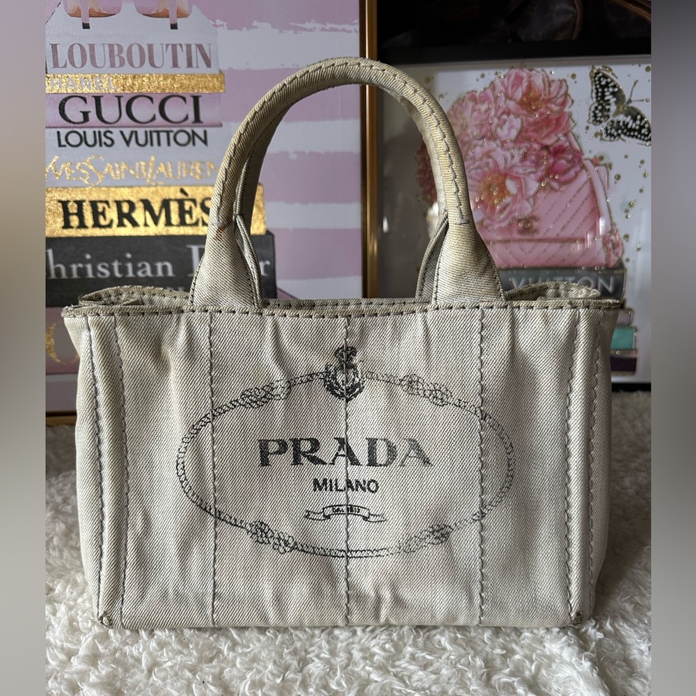 Vintage Prada Small Canapa Denim Logo Tote in Bianco Grey/white